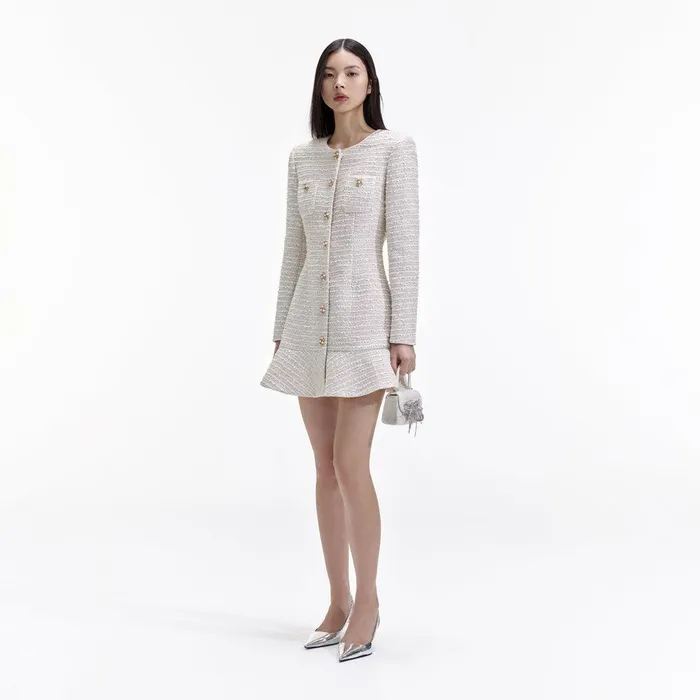 Self Portrait Dresses Gold Boucle Long Sleeve Mini Dress 8211 Women