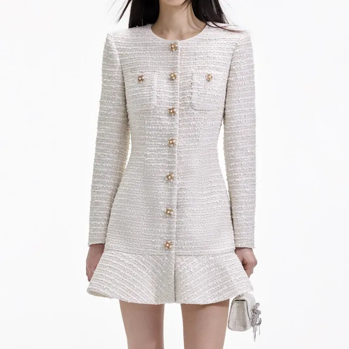 Self Portrait Dresses Gold Boucle Long Sleeve Mini Dress 8211 Women
