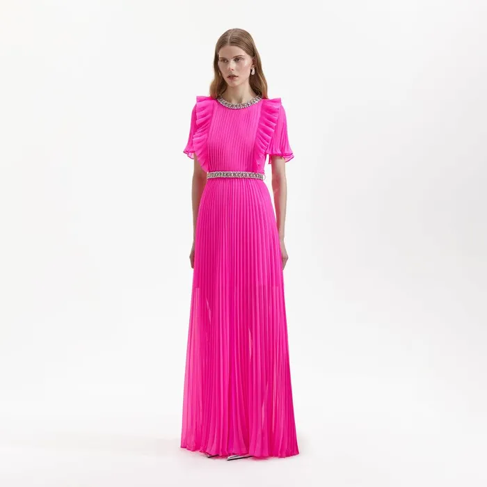 Self Portrait Dresses Pink Chiffon Diamante Maxi Dress 8211 Women