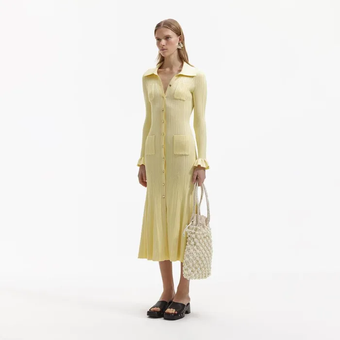 Self Portrait Dresses Yellow Ribbed Knit Midi Dress 8211 Women