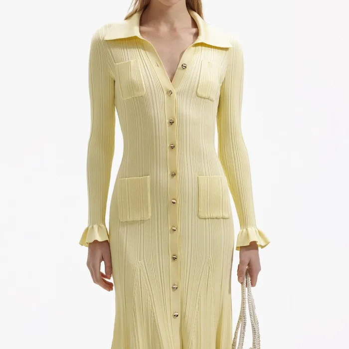 Self Portrait Dresses Yellow Ribbed Knit Midi Dress 8211 Women