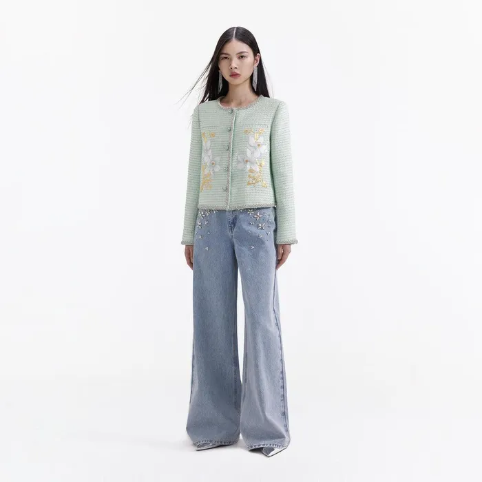 Self Portrait Outerwear Mint Hand Embroidered Daffodil Boucle Jacket 8211 Women