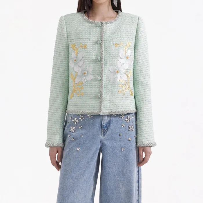 Self Portrait Outerwear Mint Hand Embroidered Daffodil Boucle Jacket 8211 Women