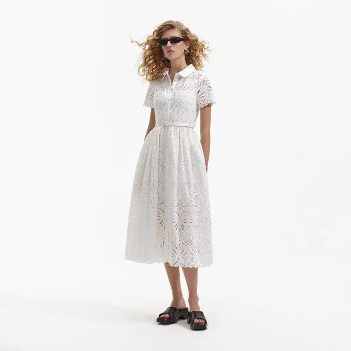 Self Portrait Swim and Resort White Cotton Embroidery Midi Dress 8211 Women