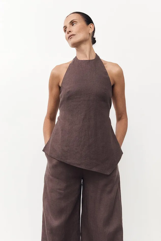 SERENA CHOC LINEN ASYM HALTER TOP Women DISSH Tops