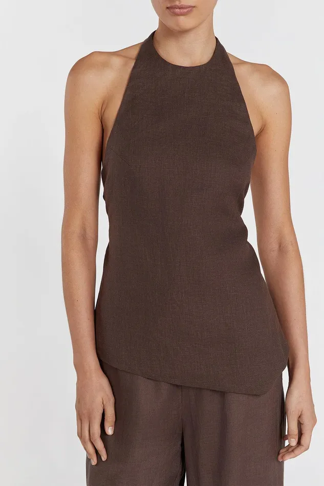 SERENA CHOC LINEN ASYM HALTER TOP Women DISSH Tops