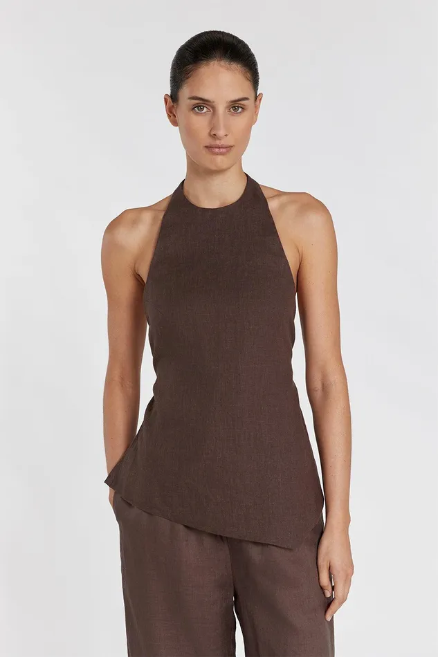 SERENA CHOC LINEN ASYM HALTER TOP Women DISSH Tops