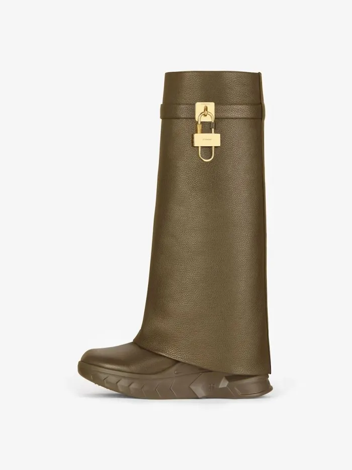 Shark Lock Biker Boots In Grained Leather Dark Khaki Women Givenchy Shark Lock