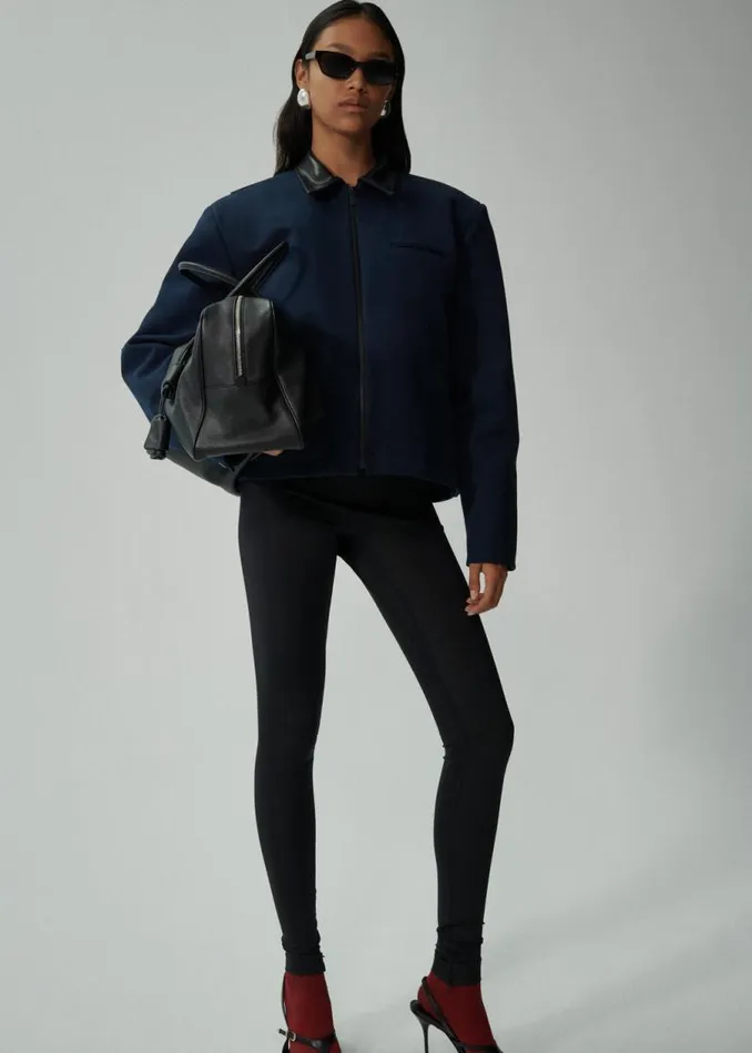 Shop Magda Butrym Coats And Jackets Leather Trim Bomber Jacket In Navy Shop Magda Butrym Coats And Jackets Leather Trim Bomber Jacket In Navy