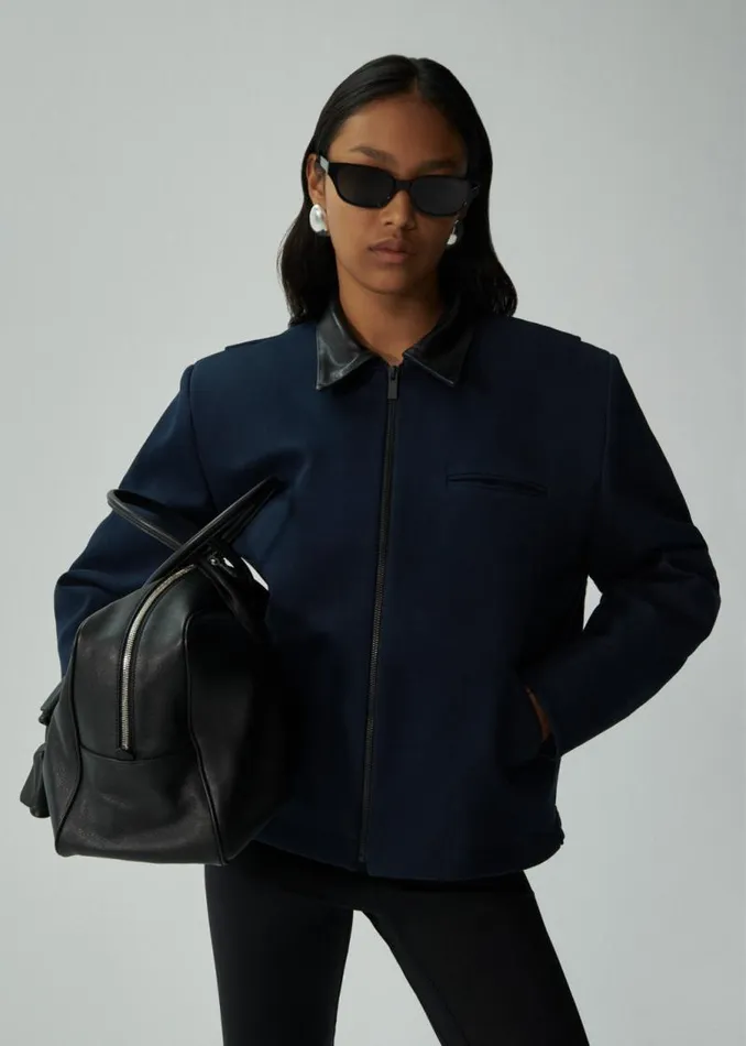 Shop Magda Butrym Coats And Jackets Leather Trim Bomber Jacket In Navy Shop Magda Butrym Coats And Jackets Leather Trim Bomber Jacket In Navy