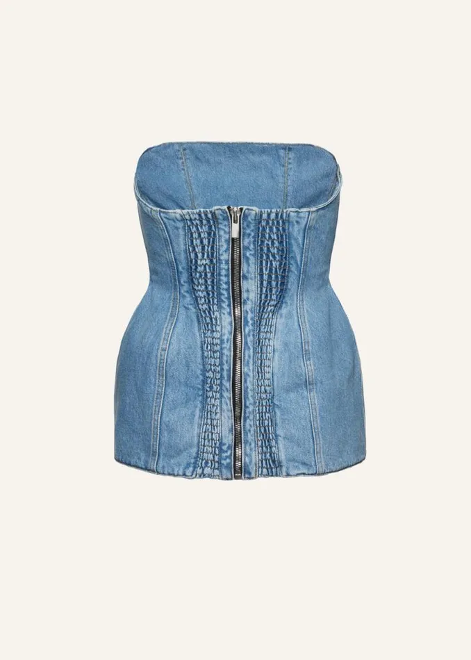 Shop Magda Butrym Denim Strapless Hourglass Denim Corset In Light Blue Shop Magda Butrym Denim Strapless Hourglass Denim Corset In Light Blue