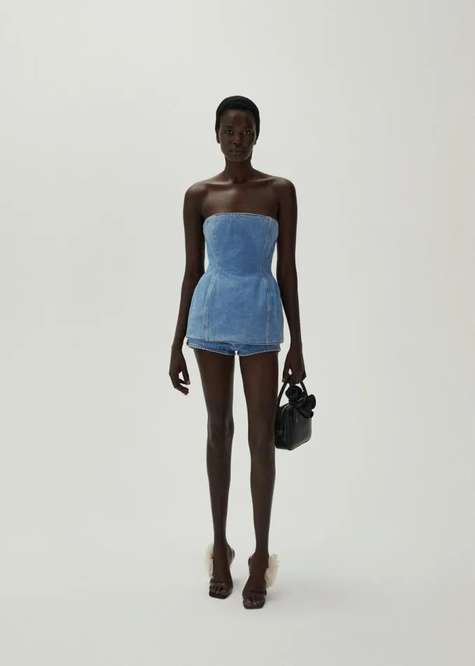 Shop Magda Butrym Denim Strapless Hourglass Denim Corset In Light Blue Shop Magda Butrym Denim Strapless Hourglass Denim Corset In Light Blue