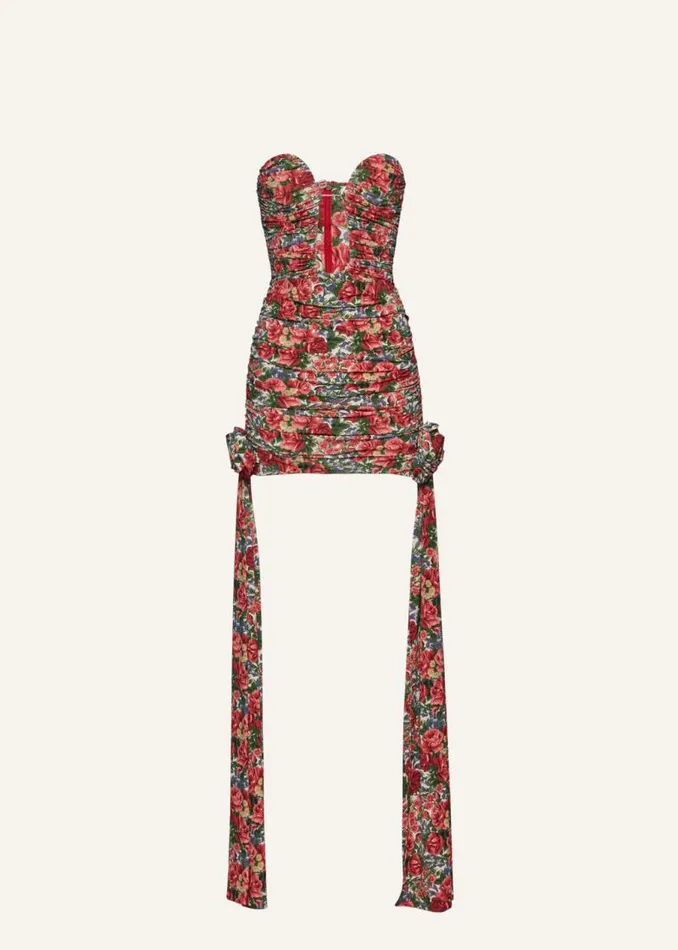 Shop Magda Butrym Dresses Double Sash Plunge Mini Dress In Red Floral Print