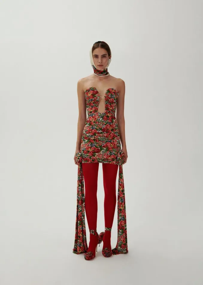 Shop Magda Butrym Dresses Double Sash Plunge Mini Dress In Red Floral Print Shop Magda Butrym Dresses Double Sash Plunge Mini Dress In Red Floral Print