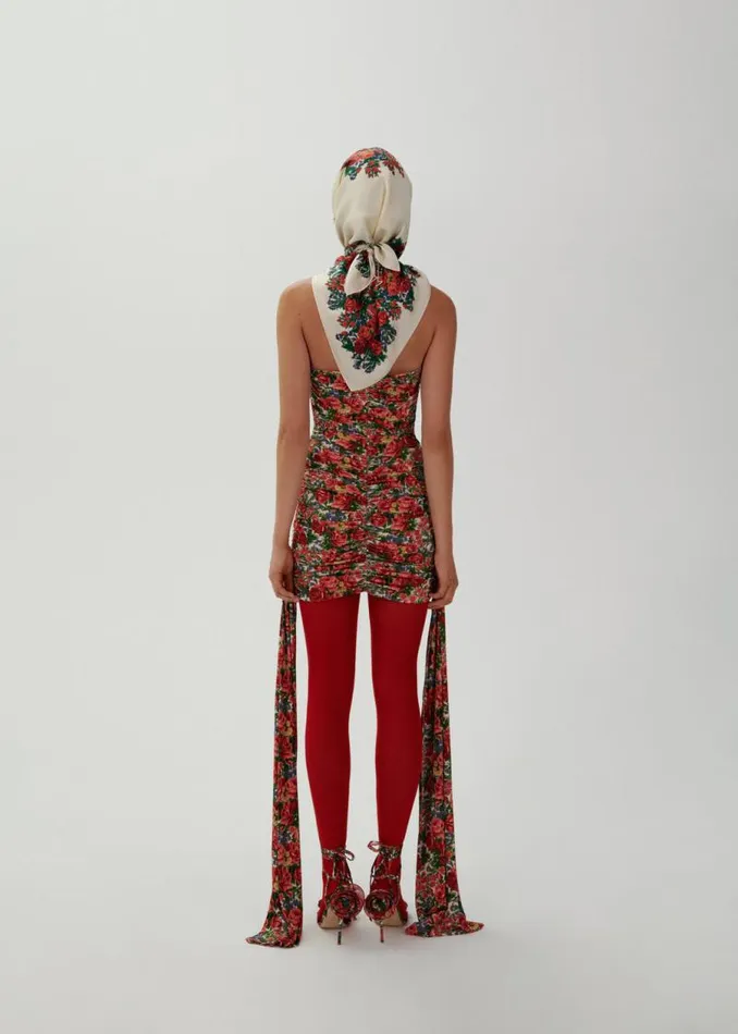 Shop Magda Butrym Dresses Double Sash Plunge Mini Dress In Red Floral Print Shop Magda Butrym Dresses Double Sash Plunge Mini Dress In Red Floral Print