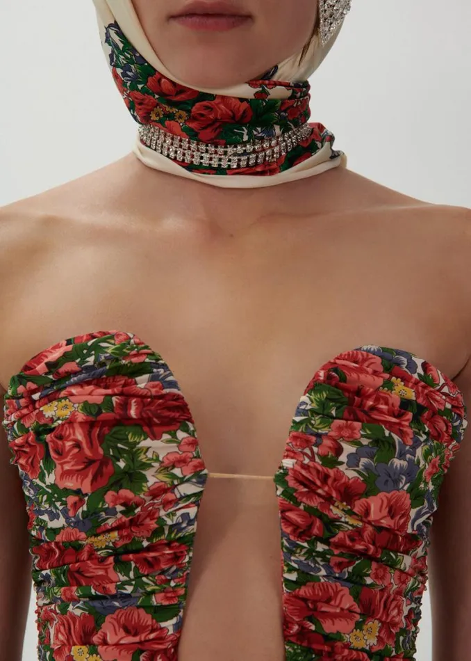 Shop Magda Butrym Dresses Double Sash Plunge Mini Dress In Red Floral Print Shop Magda Butrym Dresses Double Sash Plunge Mini Dress In Red Floral Print