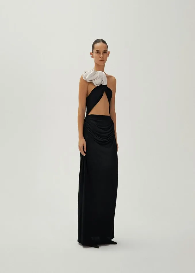 Shop Magda Butrym Dresses Ruffled One Shoulder Midi Dress In Black Shop Magda Butrym Dresses Ruffled One Shoulder Midi Dress In Black