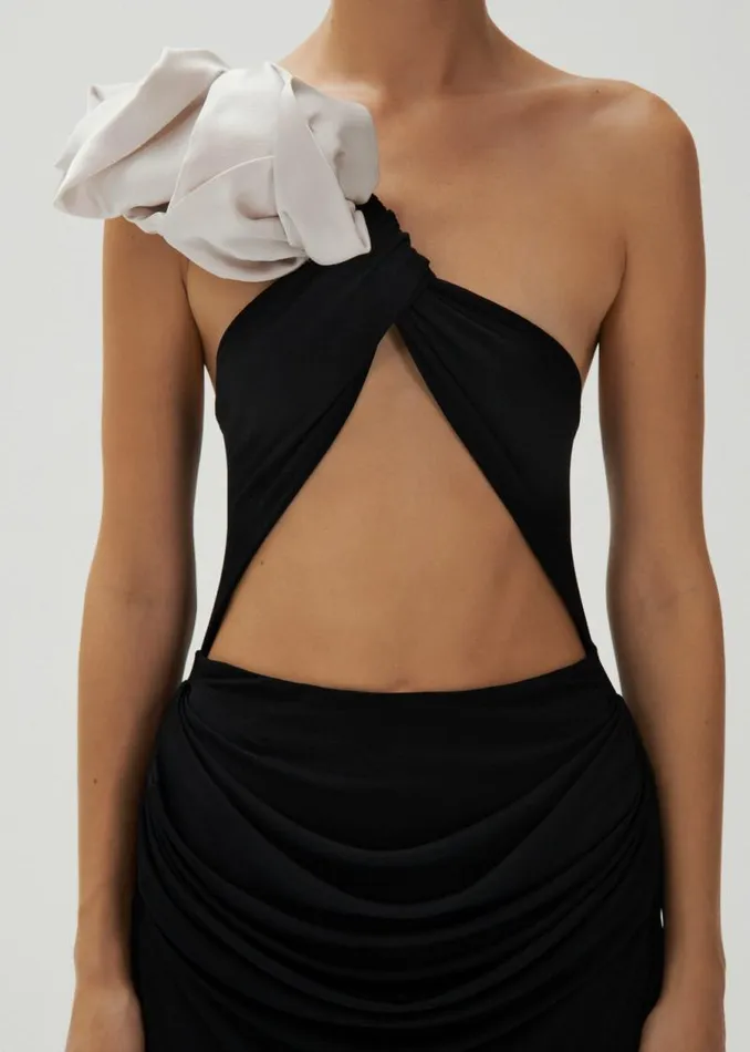 Shop Magda Butrym Dresses Ruffled One Shoulder Midi Dress In Black Shop Magda Butrym Dresses Ruffled One Shoulder Midi Dress In Black