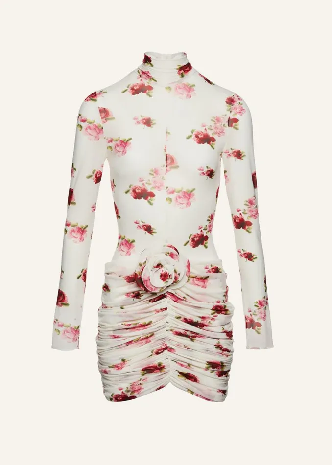 Shop Magda Butrym Dresses Sheer High Neck Midi Dress In Cream Print