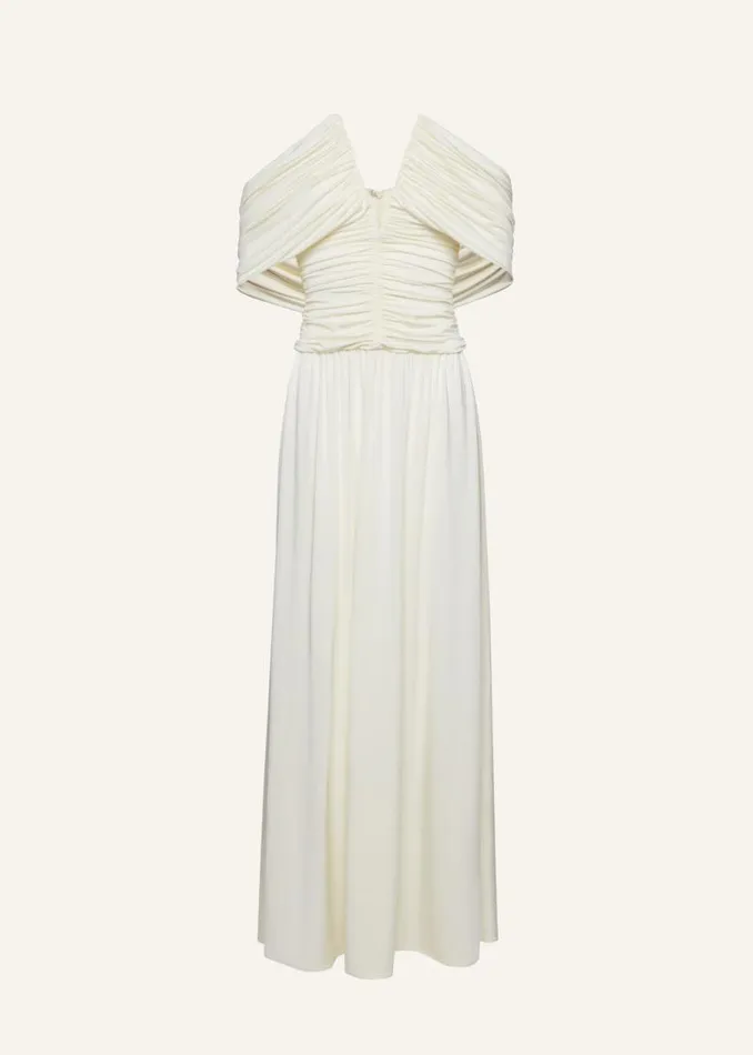 Shop Magda Butrym Dresses V Neck Ruched Wrap Maxi Dress In Cream