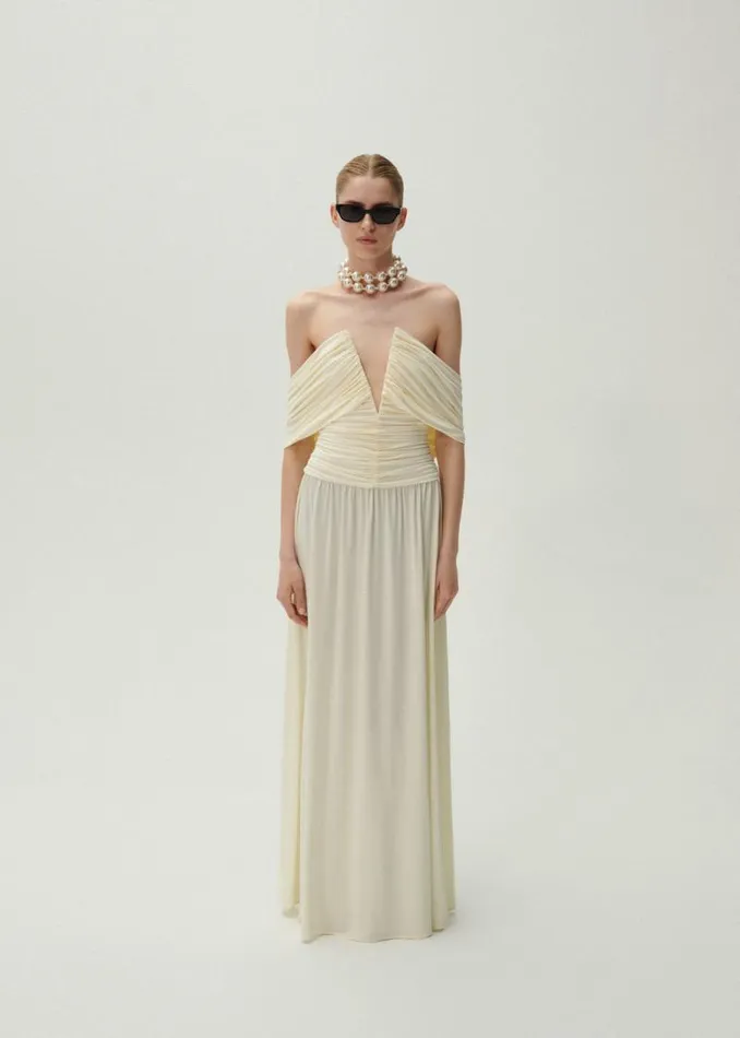 Shop Magda Butrym Dresses V Neck Ruched Wrap Maxi Dress In Cream Shop Magda Butrym Dresses V Neck Ruched Wrap Maxi Dress In Cream
