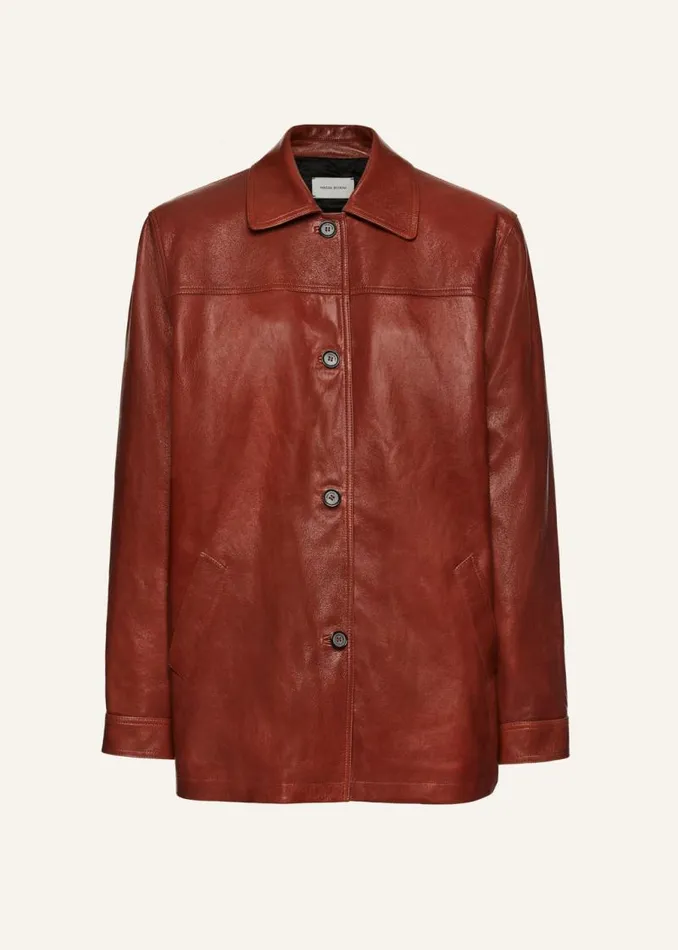 Shop Magda Butrym Leather And Shearling Oversized Leather Button Up Jacket In Camel