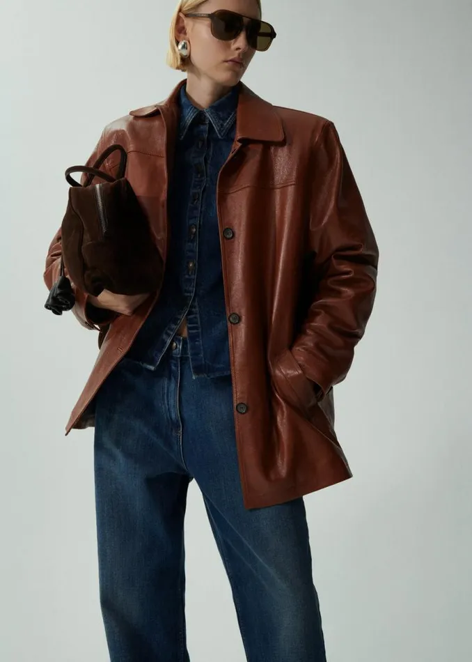 Shop Magda Butrym Leather And Shearling Oversized Leather Button Up Jacket In Camel Shop Magda Butrym Leather And Shearling Oversized Leather Button Up Jacket In Camel