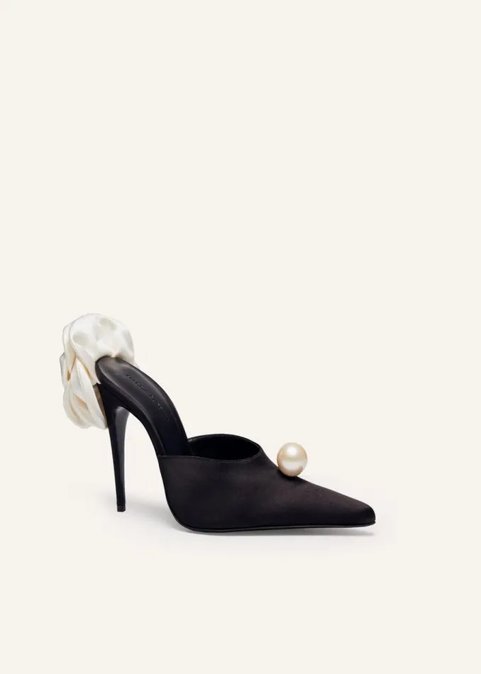 Shop Magda Butrym Shoes Pointed Flower Mules In Black Satin Shop Magda Butrym Shoes Pointed Flower Mules In Black Satin