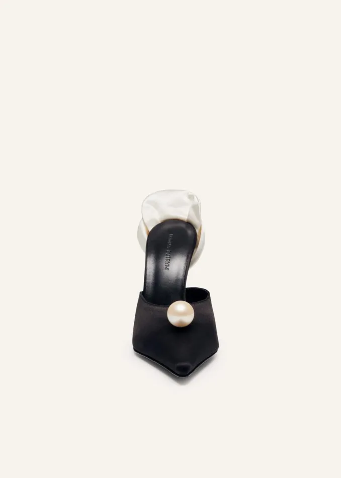 Shop Magda Butrym Shoes Pointed Flower Mules In Black Satin Shop Magda Butrym Shoes Pointed Flower Mules In Black Satin