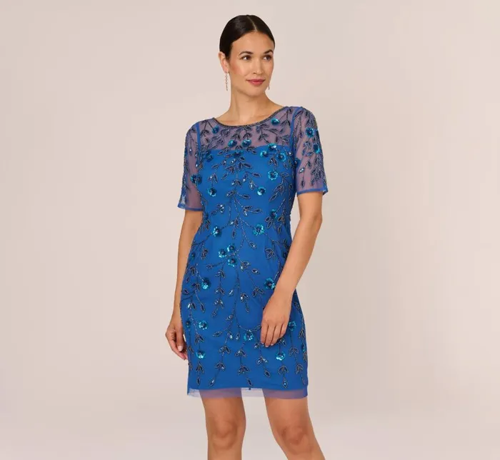 Short Dresses Womens Adrianna Papell 3D Floral Beaded Dress With Sheer Short Sleeves In Blue Horizon Short Dresses Womens Adrianna Papell 3D Floral Beaded Dress With Sheer Short Sleeves In Blue Horizon