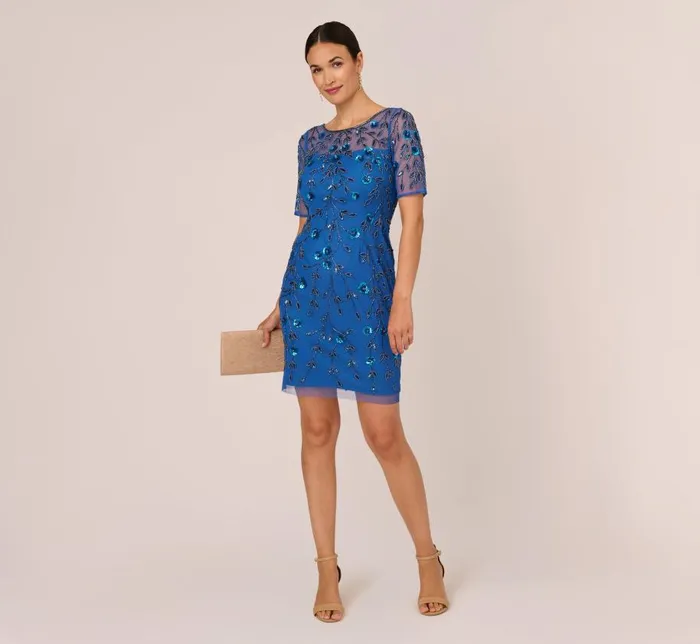 Short Dresses Womens Adrianna Papell 3D Floral Beaded Dress With Sheer Short Sleeves In Blue Horizon