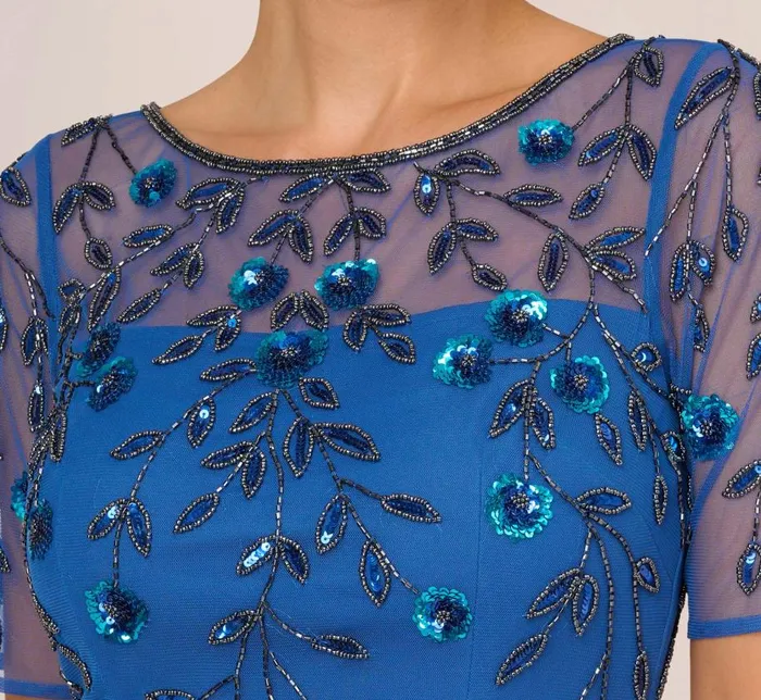 Short Dresses Womens Adrianna Papell 3D Floral Beaded Dress With Sheer Short Sleeves In Blue Horizon