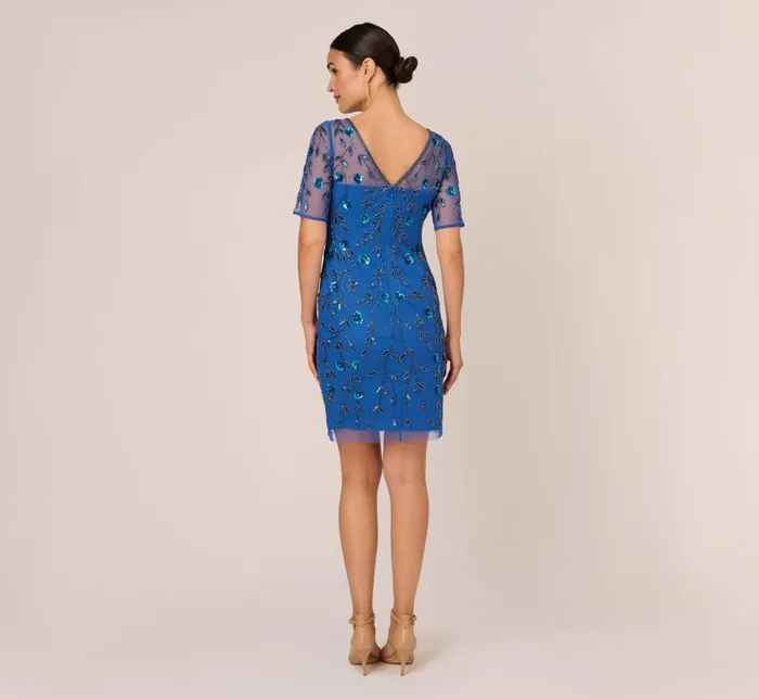 Short Dresses Womens Adrianna Papell 3D Floral Beaded Dress With Sheer Short Sleeves In Blue Horizon