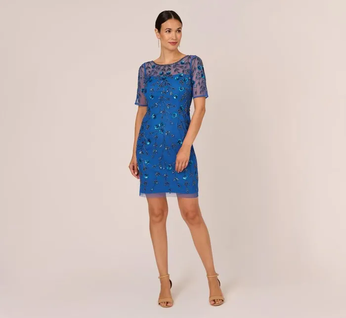 Short Dresses Womens Adrianna Papell 3D Floral Beaded Dress With Sheer Short Sleeves In Blue Horizon