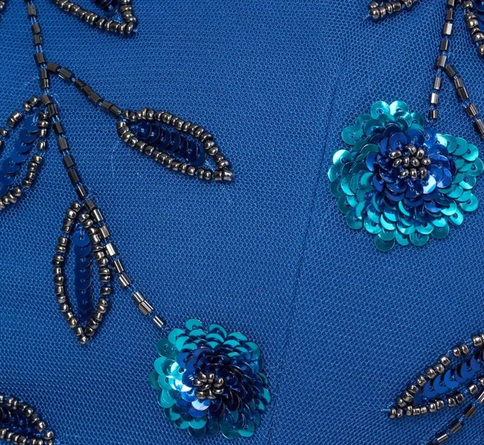 Short Dresses Womens Adrianna Papell 3D Floral Beaded Dress With Sheer Short Sleeves In Blue Horizon