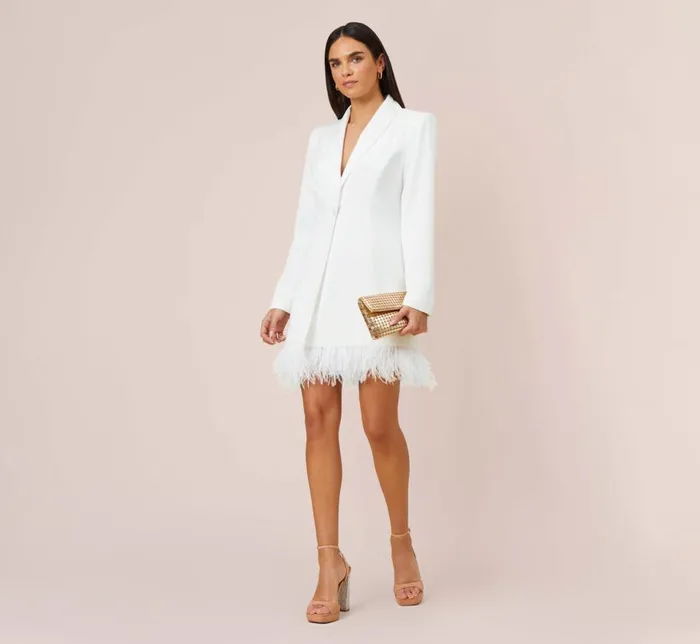 Short Dresses Womens Adrianna Papell Charmeuse Tuxedo Short Sheath Cocktail Dress With Feather Trim In Ivory