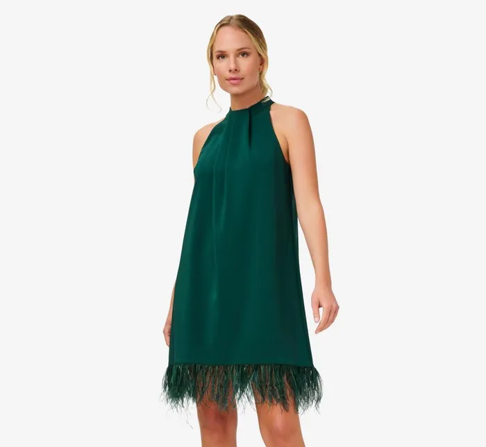 Short Dresses Womens Adrianna Papell Feather Trimmed Crepe Short Cocktail Trapeze Halter Dress In Forest Short Dresses Womens Adrianna Papell Feather Trimmed Crepe Short Cocktail Trapeze Halter Dress In Forest