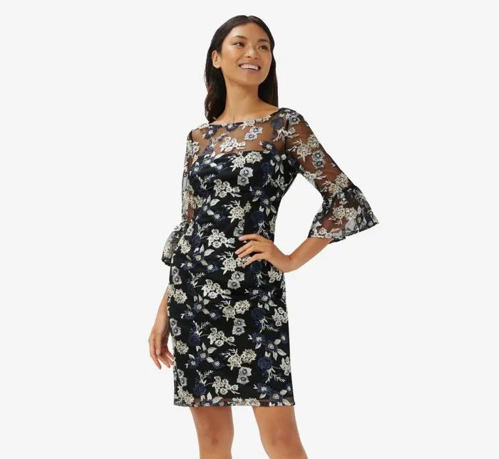 Short Dresses Womens Adrianna Papell Floral Embroidered Illusion Short Sheath Dress With Bell Sleeves In Black Multi Short Dresses Womens Adrianna Papell Floral Embroidered Illusion Short Sheath Dress With Bell Sleeves In Black Multi