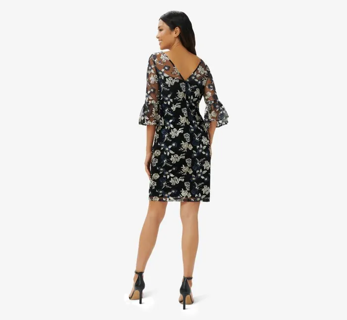 Short Dresses Womens Adrianna Papell Floral Embroidered Illusion Short Sheath Dress With Bell Sleeves In Black Multi