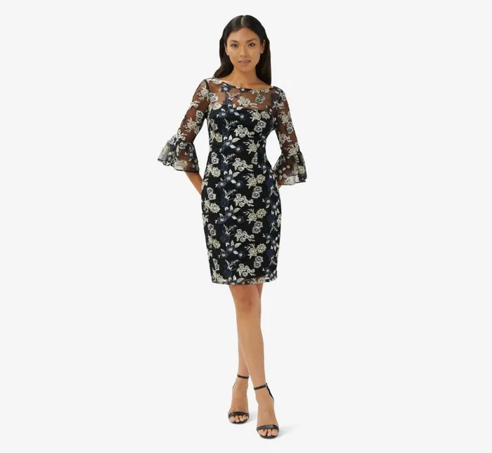 Short Dresses Womens Adrianna Papell Floral Embroidered Illusion Short Sheath Dress With Bell Sleeves In Black Multi