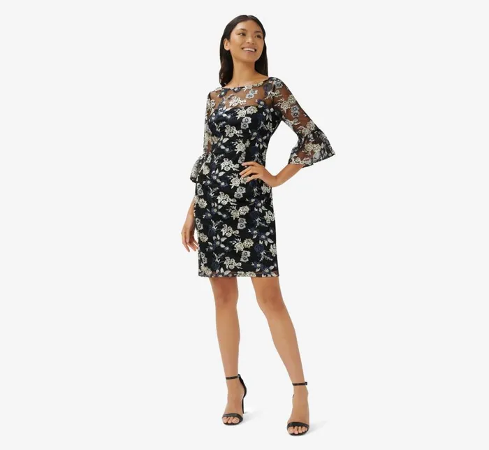 Short Dresses Womens Adrianna Papell Floral Embroidered Illusion Short Sheath Dress With Bell Sleeves In Black Multi