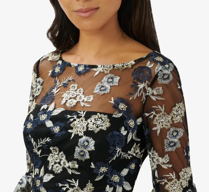 Short Dresses Womens Adrianna Papell Floral Embroidered Illusion Short Sheath Dress With Bell Sleeves In Black Multi