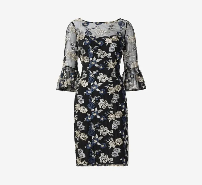 Short Dresses Womens Adrianna Papell Floral Embroidered Illusion Short Sheath Dress With Bell Sleeves In Black Multi