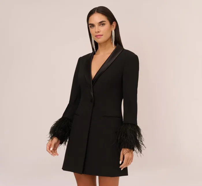 Short Dresses Womens Adrianna Papell Knit Crepe Long Sleeve Blazer Dress With Feather Trim In Black Short Dresses Womens Adrianna Papell Knit Crepe Long Sleeve Blazer Dress With Feather Trim In Black