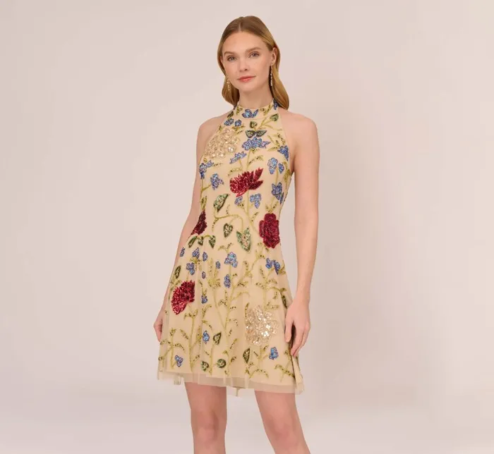 Short Dresses Womens Adrianna Papell Multicolor Floral Beaded Shift Dress In Light Champagne Short Dresses Womens Adrianna Papell Multicolor Floral Beaded Shift Dress In Light Champagne