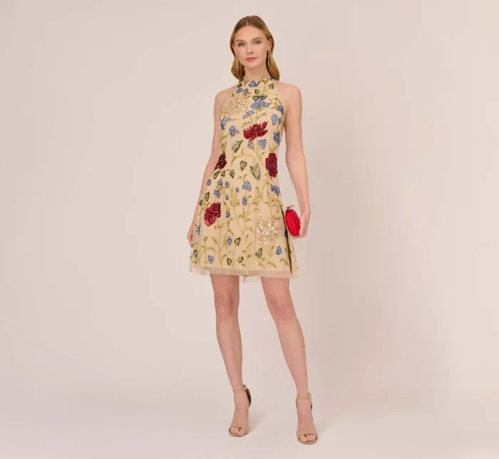 Short Dresses Womens Adrianna Papell Multicolor Floral Beaded Shift Dress In Light Champagne