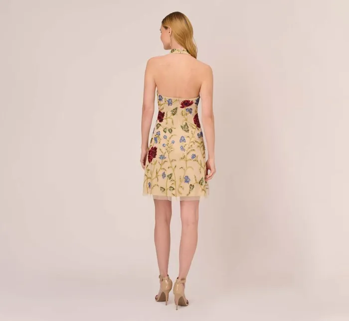 Short Dresses Womens Adrianna Papell Multicolor Floral Beaded Shift Dress In Light Champagne