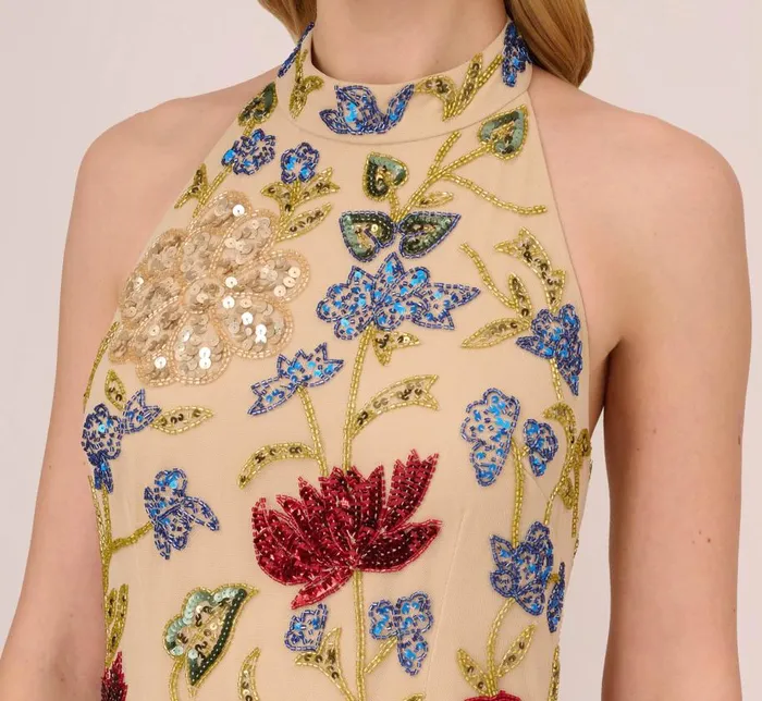 Short Dresses Womens Adrianna Papell Multicolor Floral Beaded Shift Dress In Light Champagne