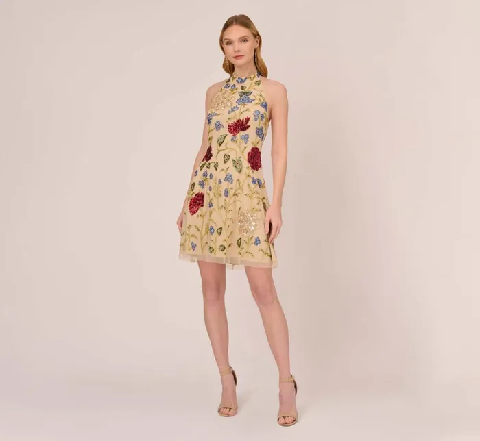 Short Dresses Womens Adrianna Papell Multicolor Floral Beaded Shift Dress In Light Champagne