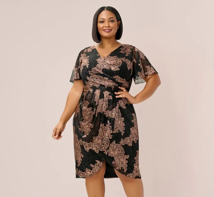 Short Dresses Womens Adrianna Papell Plus Size Metallic Foil Crinkled Mesh MidiLength Wrap Dress In Rose Gold Black Short Dresses Womens Adrianna Papell Plus Size Metallic Foil Crinkled Mesh MidiLength Wrap Dress In Rose Gold Black